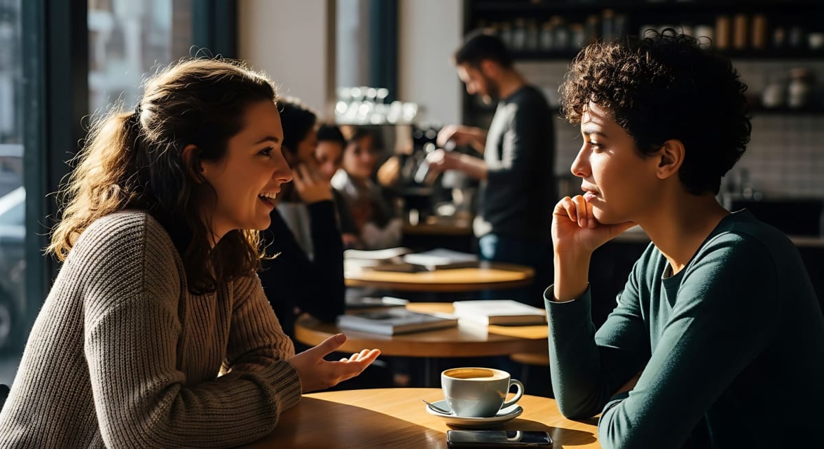 People sitting at small cafe tables having conversations during speed-friending event