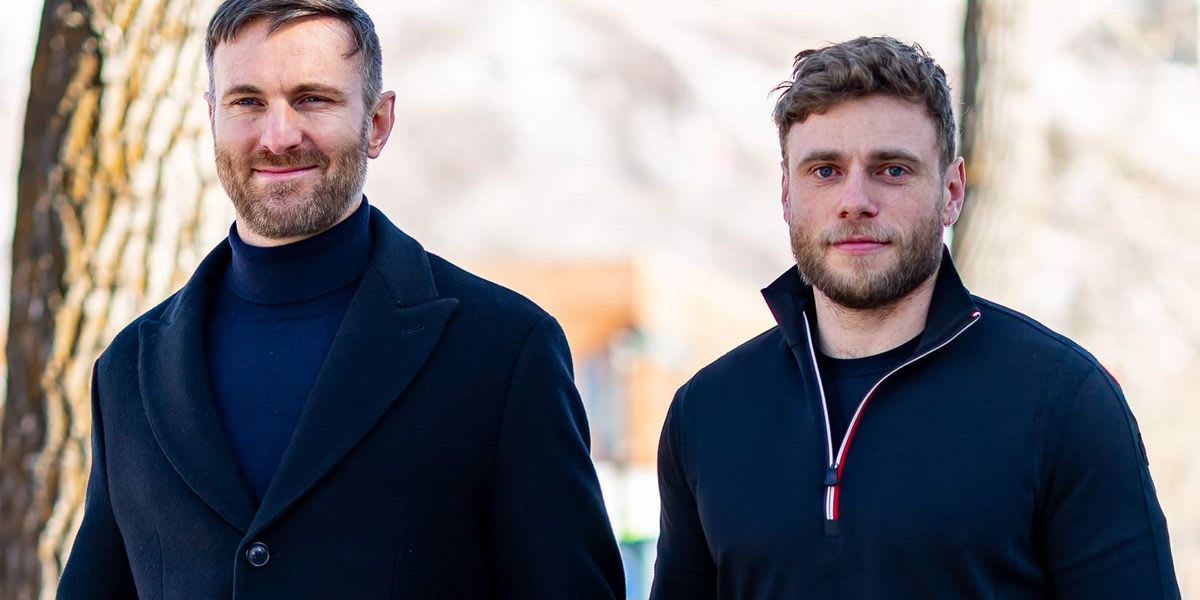 Olympic skier Gus Kenworthy and fashion executive Andrew Rigby smiling together after engagement