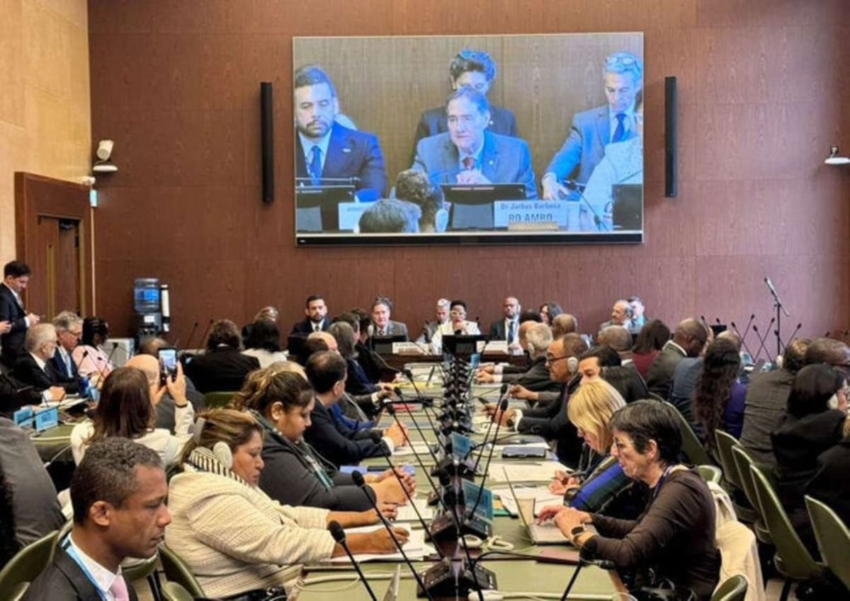 Health delegates from countries worldwide gather at Palais des Nations in Geneva for World Health Assembly