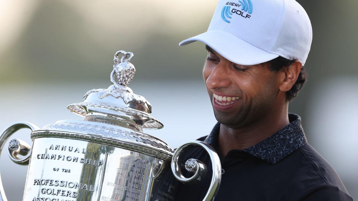Aaron Rai celebrating after winning the PGA Championship with dramatic final round putt