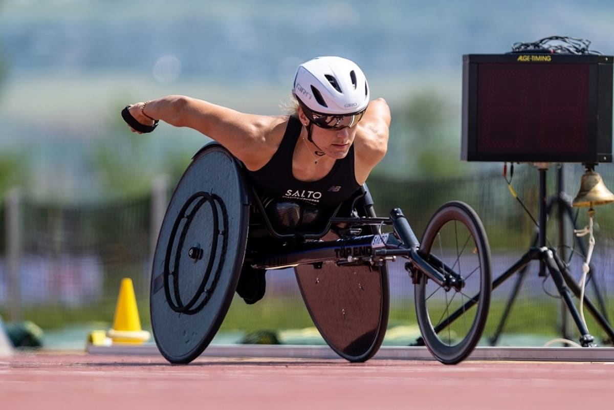 Swiss wheelchair racer Catherine Debrunner competing on track at Nottwil Grand Prix