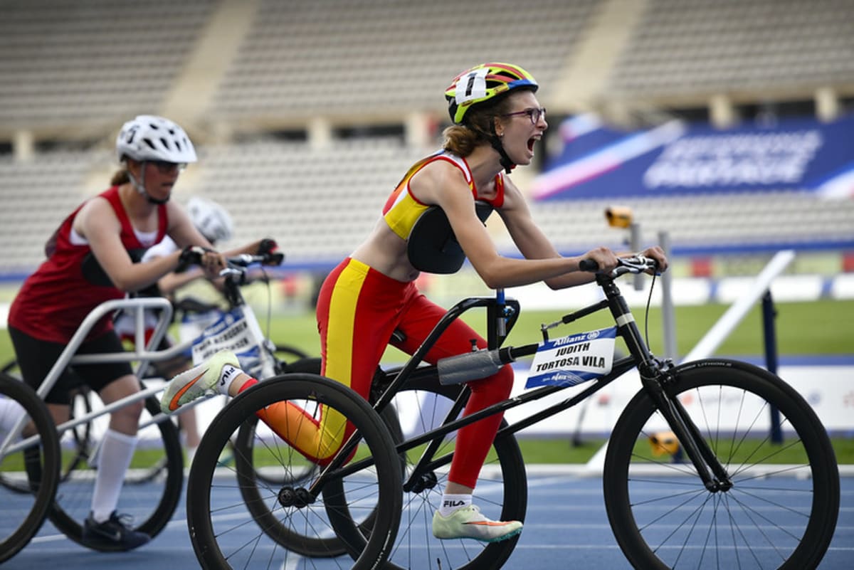 Spanish Paralympic sprinter Judith Tortosa competing in frame running event at athletics track