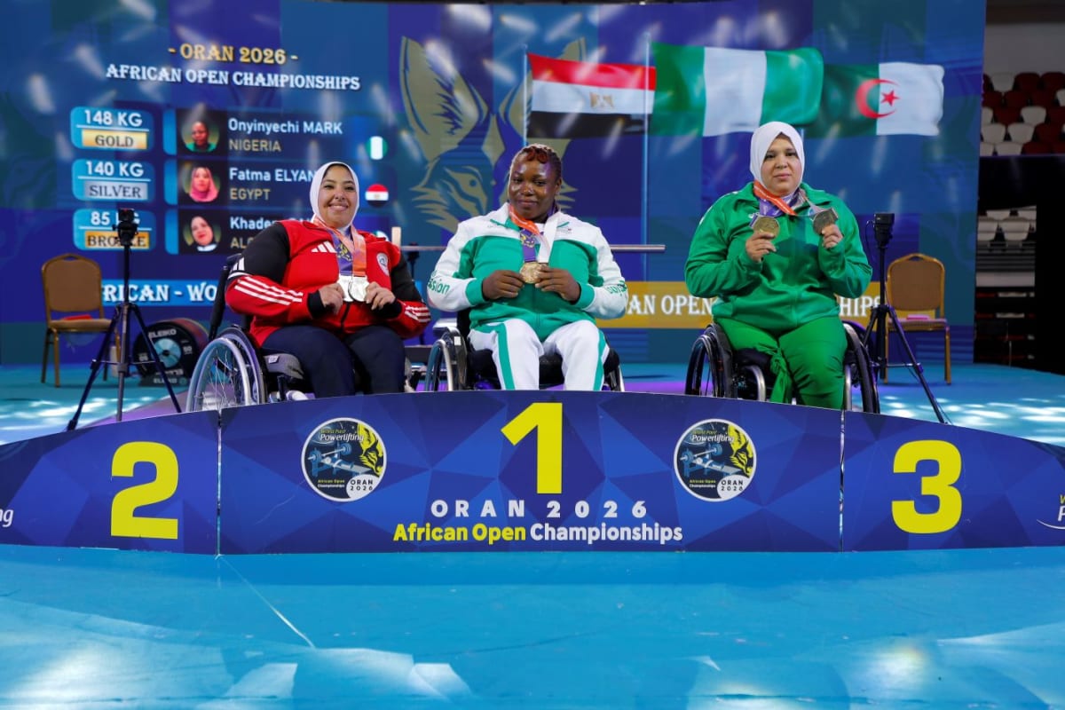 Nigerian para powerlifter Onyinyechi Mark celebrates after breaking world record with 148kg lift