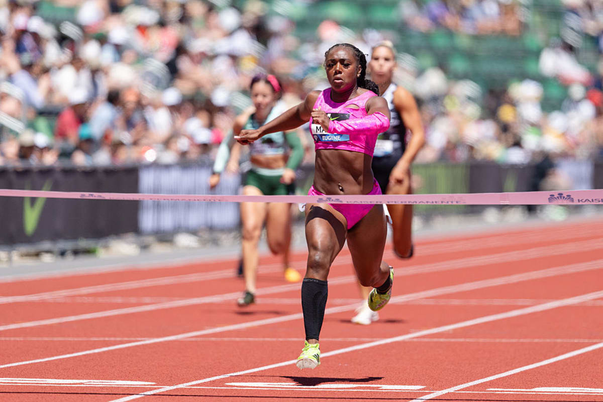 Brittni Mason crossing finish line at 2026 Prefontaine Classic in Eugene, Oregon