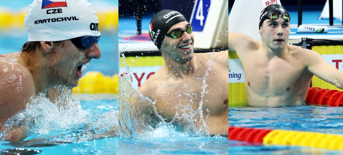 Three male Paralympic swimmers David Kratochvil, Simone Barlaam, and William Ellard standing together