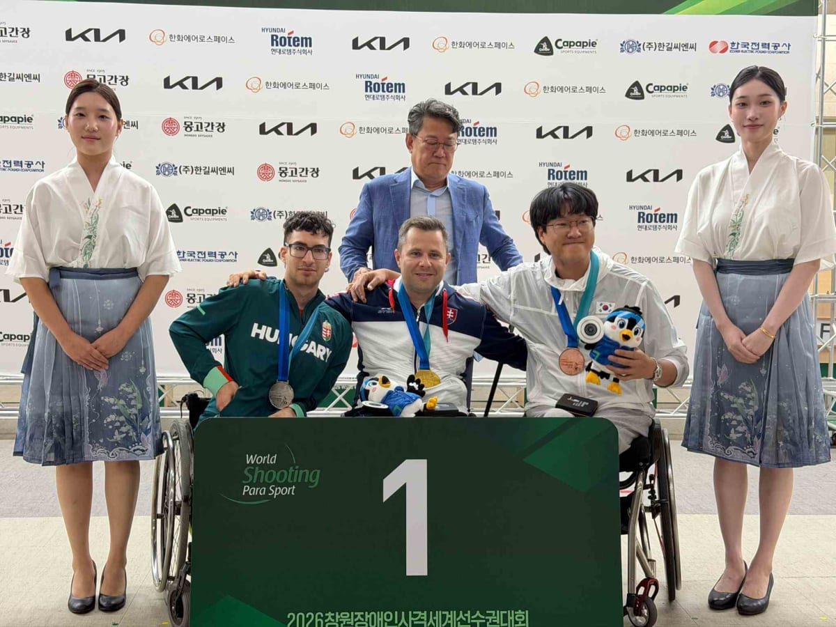 ** Slovakian shooter Radoslav Malenovsky celebrates gold medal at World Shooting Para Sport Championships podium