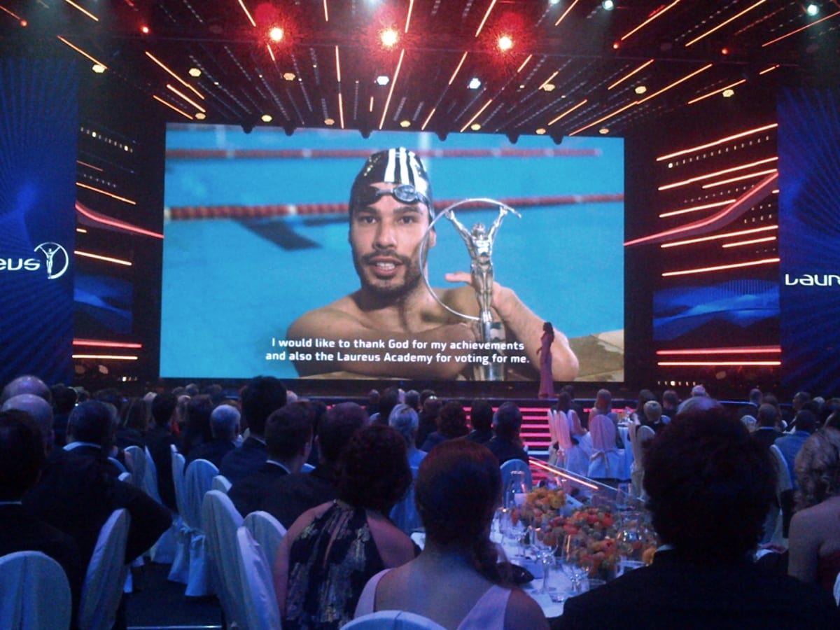Brazilian Para swimmer Gabriel Araujo celebrates with Laureus Award trophy in Madrid