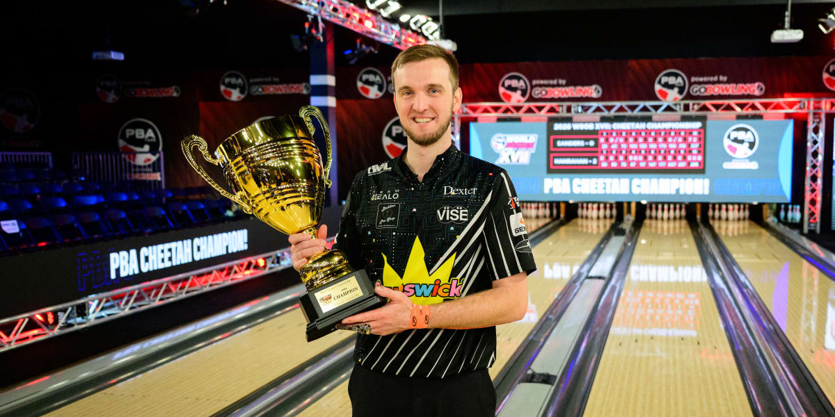 Professional bowler Packy Hanrahan celebrates after winning the PBA Cheetah Championship in Minneapolis