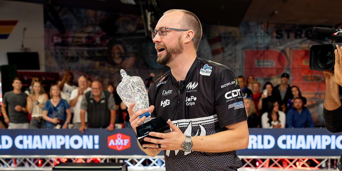 Professional bowler EJ Tackett celebrates after winning his fourth consecutive PBA World Championship