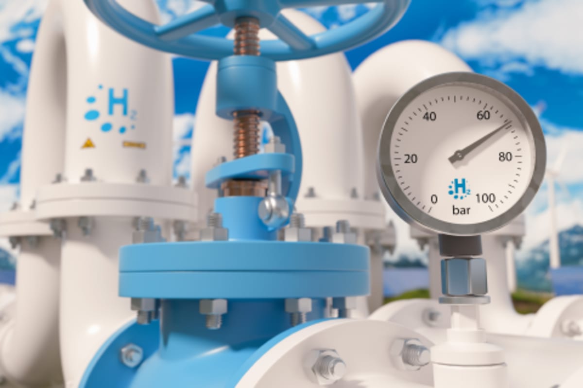 Industrial hydrogen pipeline with pressure gauge in Netherlands port facility