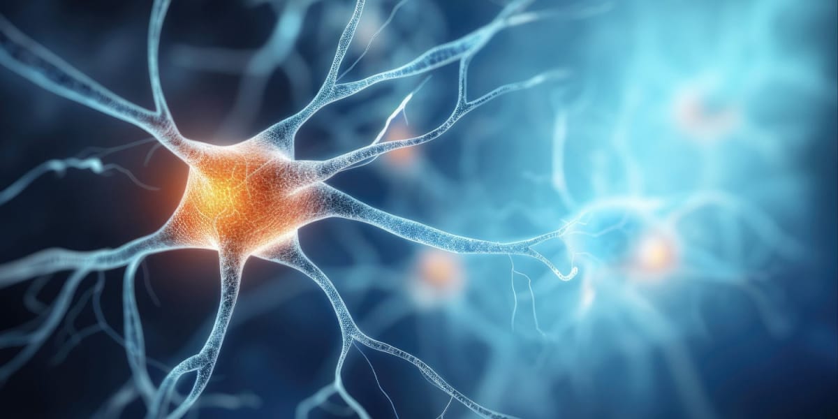 Medical illustration showing brain scan with highlighted neural pathways being strengthened by stimulation treatment