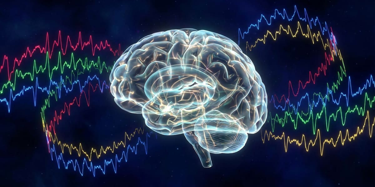 Illustrated brain during REM sleep showing electrical wave patterns connecting memory centers