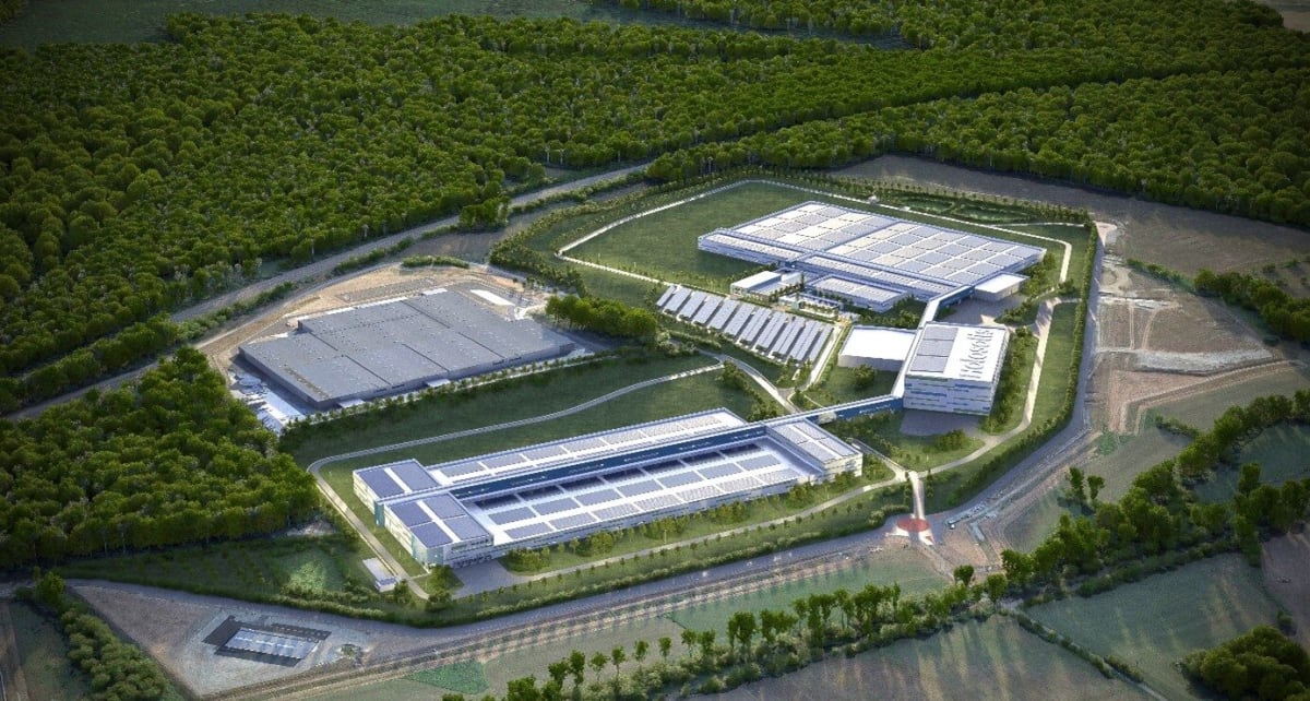 Modern solar panel manufacturing facility with rows of photovoltaic cells in production