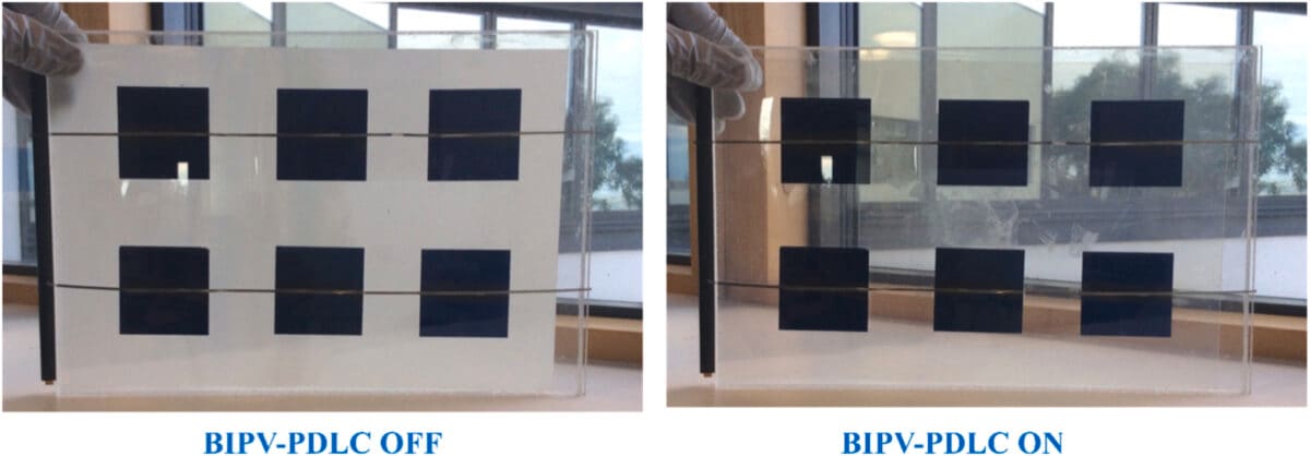 Prototype smart window with integrated solar cells and switchable transparency film in laboratory setting