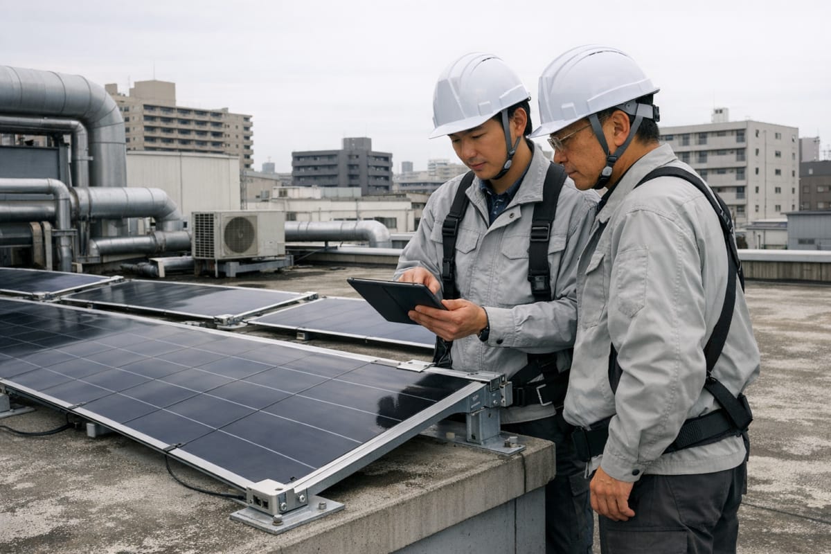 Lightweight flexible solar panels installed on industrial building rooftop in Japan