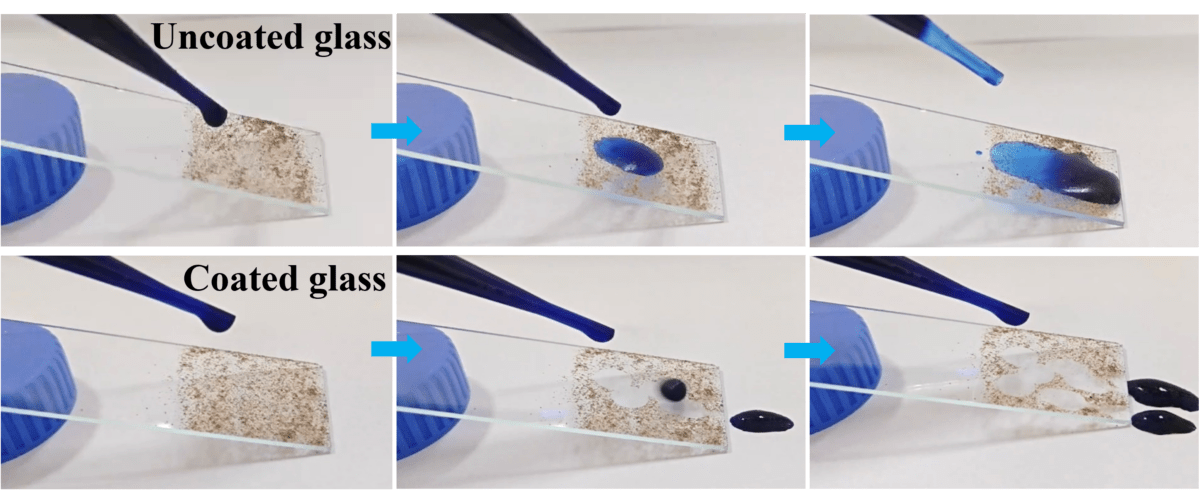 Close-up of water droplets beading and rolling off a transparent coated solar panel surface