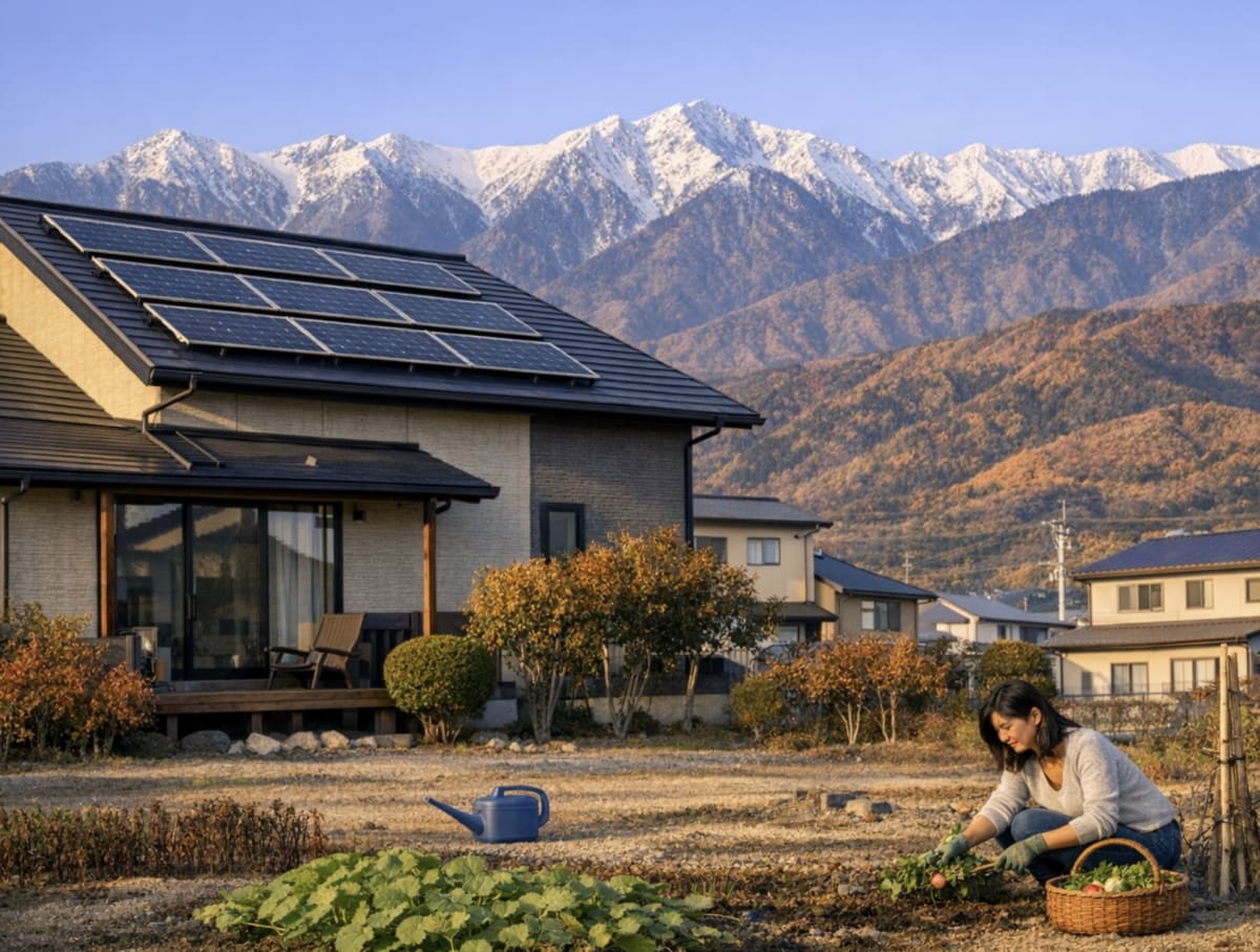 Rooftop solar panels installed on residential homes in a Japanese neighborhood on sunny day