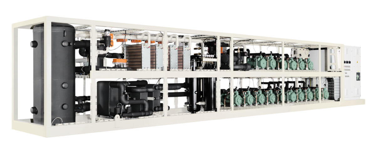 Large industrial CO2 heat pump system in Danish manufacturing facility producing clean heating