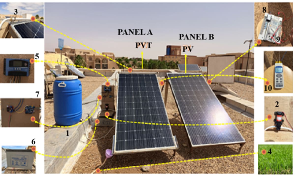 Solar panels with water spray mist cooling system in desert environment under bright sun