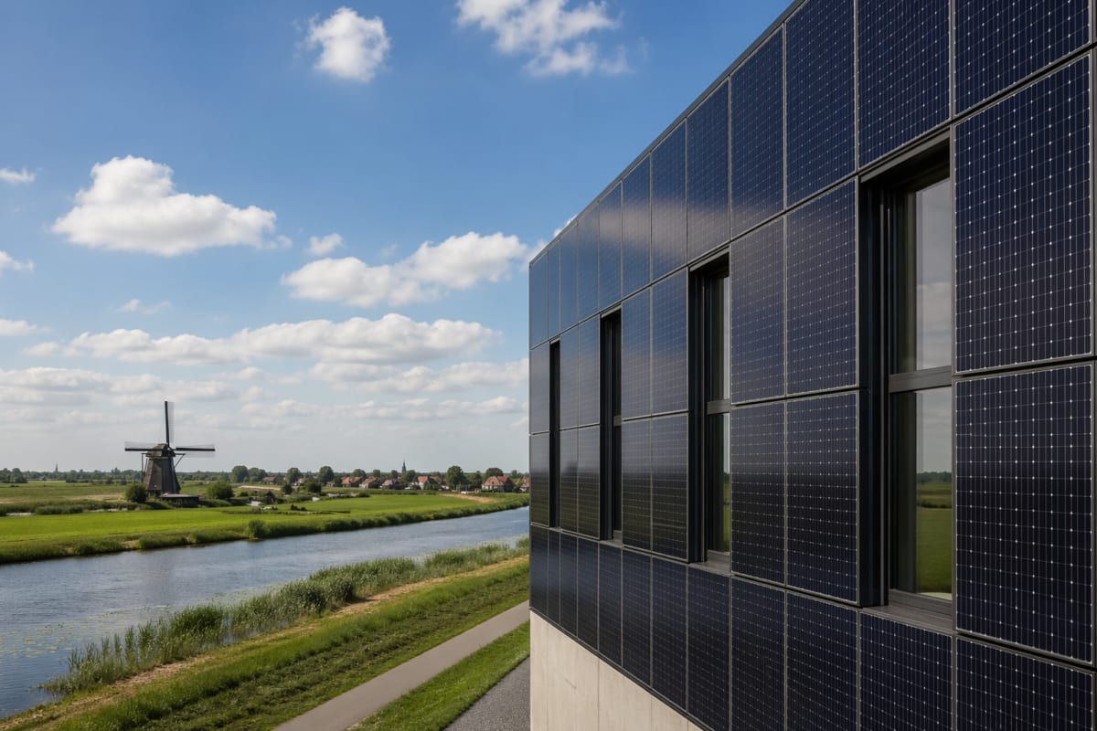 Modern office building with colorful solar panels integrated into facade walls generating clean energy
