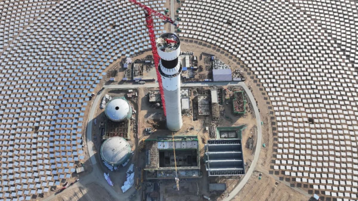 Aerial view of massive solar power plant construction site in Chinese desert