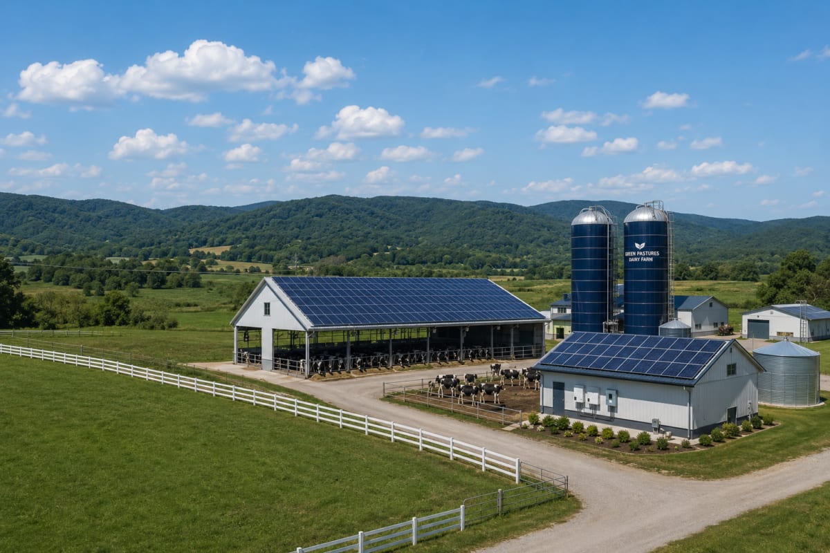 Dairy cows standing peacefully in modern barn with solar panels visible on roof structure