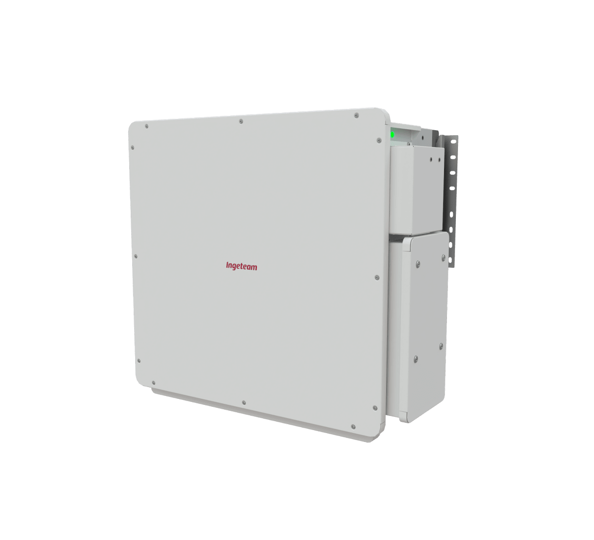 Modern silver solar inverter equipment stacked at utility-scale solar farm installation site