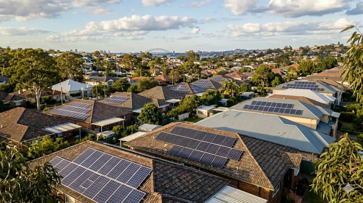 Australian suburban homes with solar panels on rooftops under bright blue sky sharing clean energy