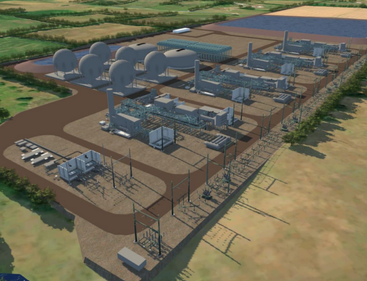 Underground compressed air energy storage facility diagram showing air compression and heat capture system