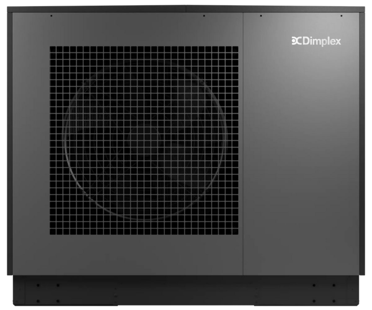 Modern white heat pump unit installed outside commercial building with connecting pipes
