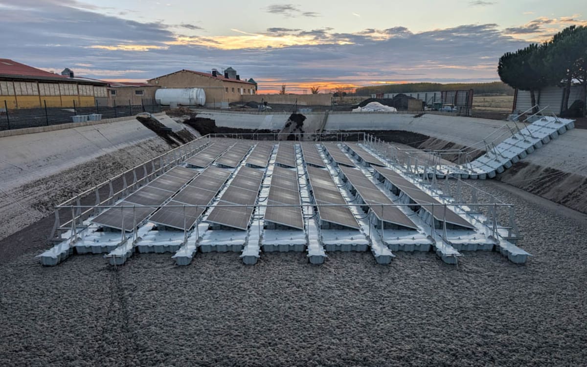 Solar panels floating on modular pontoons covering manure lagoon at Spanish pig farm