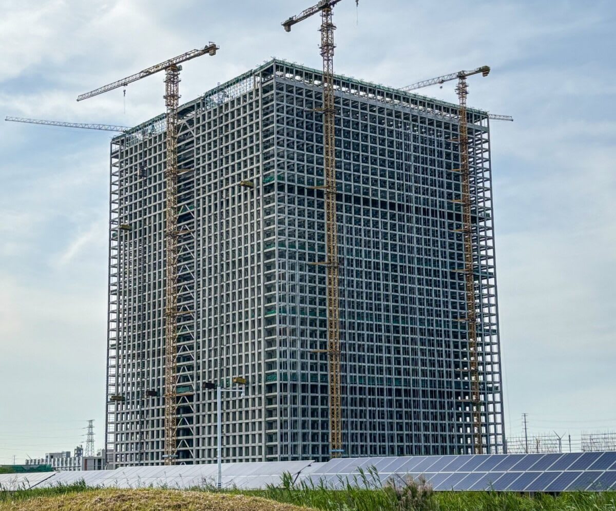 Large concrete blocks stacked in tower formation at energy storage facility in South Africa