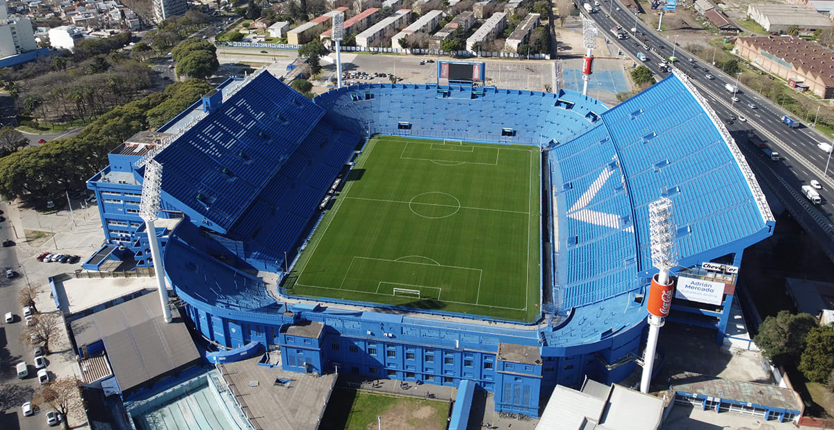 Aerial view of solar panels installed on soccer stadium rooftop in Buenos Aires, Argentina