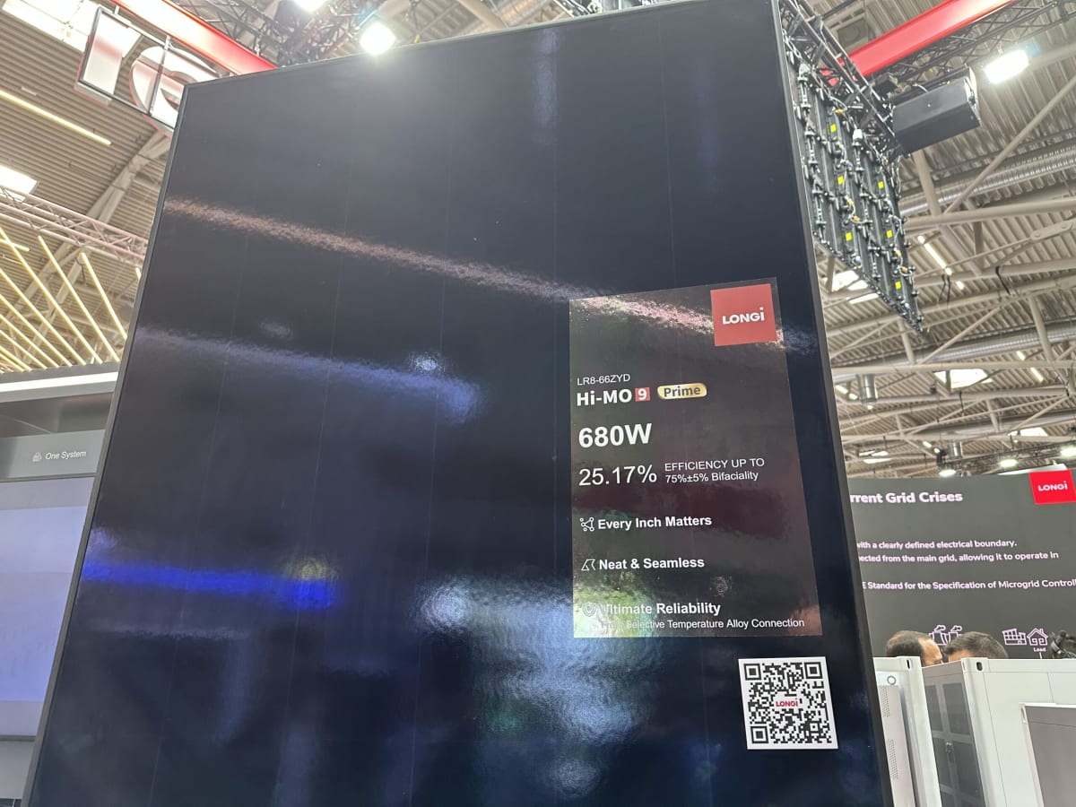 Modern solar panel with back contact technology displayed at clean energy trade show in Munich