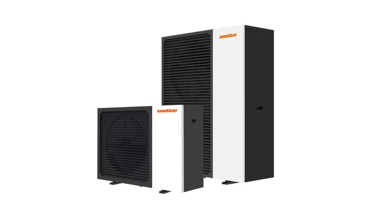 Modern white rectangular heat pump unit installed outside residential building with solar panels visible