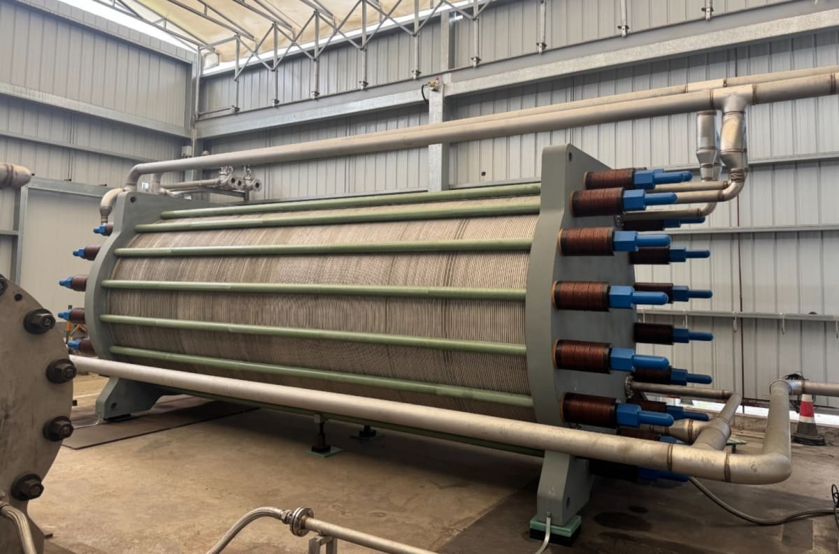 Large industrial electrolyzer system producing green hydrogen at manufacturing facility in China