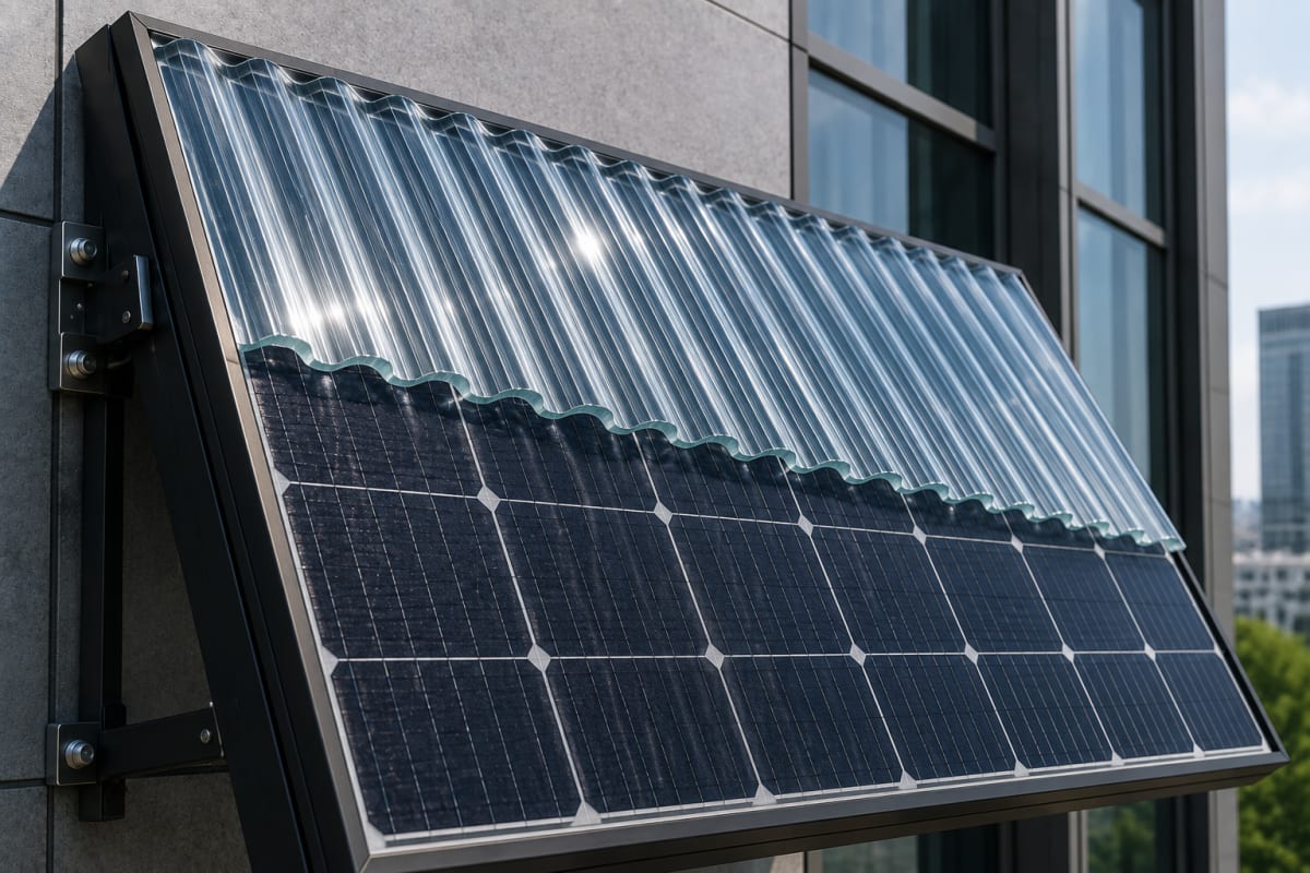Close-up view of grooved solar panel glass showing periodic wave pattern structure capturing angled sunlight