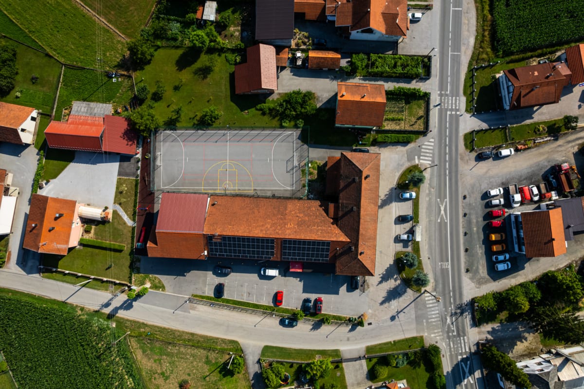Rooftop solar panels on volunteer fire station building in rural Croatian settlement