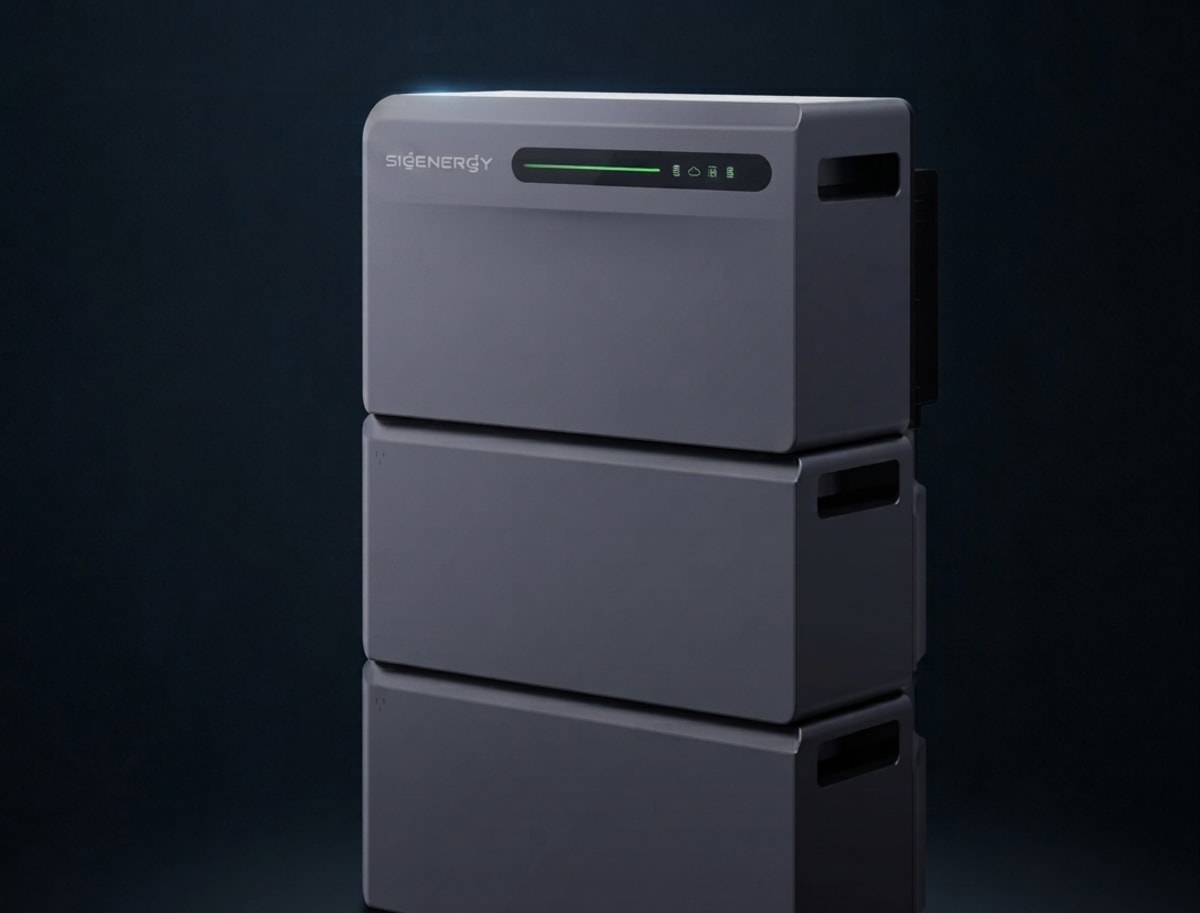 White modular home battery system mounted outdoors with solar panels visible in background