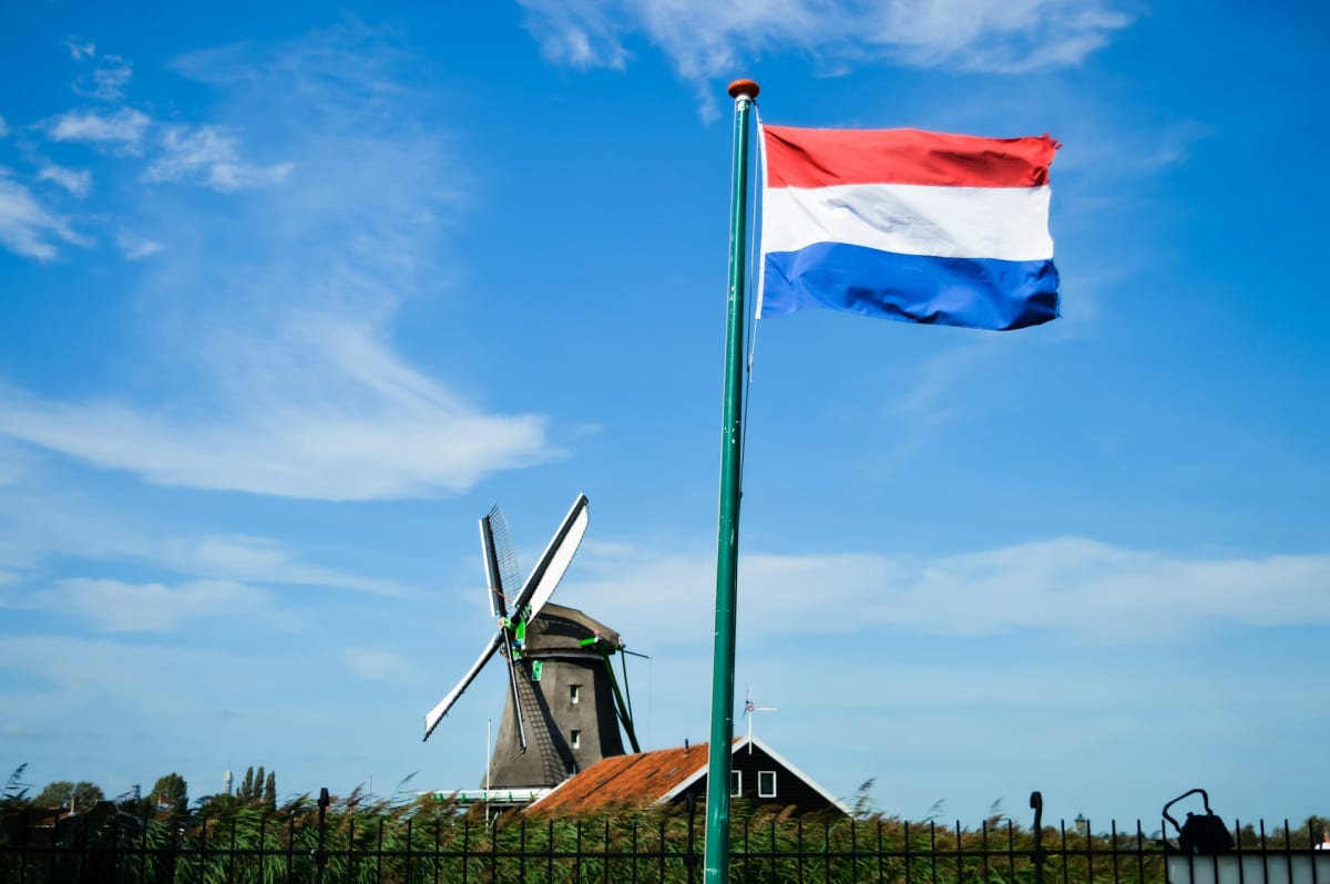 Aerial view of large-scale solar panel installation in Dutch countryside under blue sky