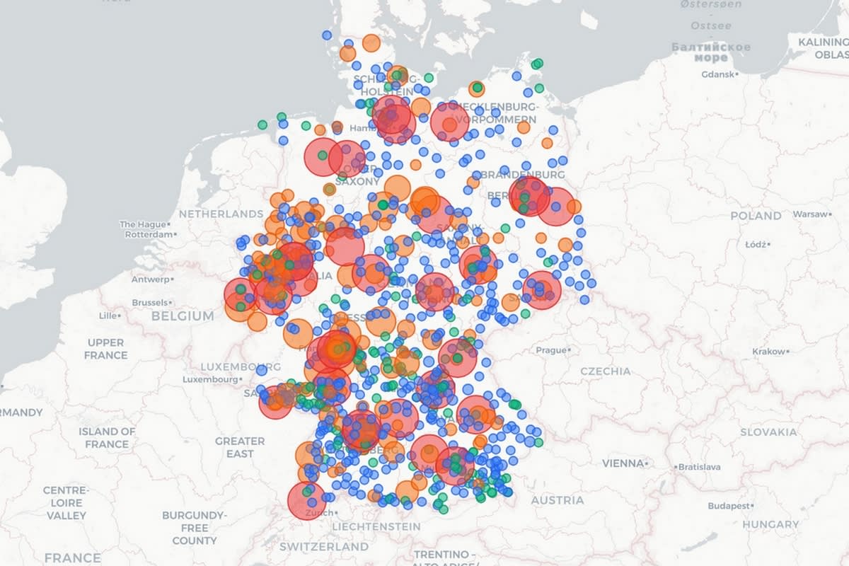 Digital map of Germany showing renewable energy distribution across local power grids with data visualization