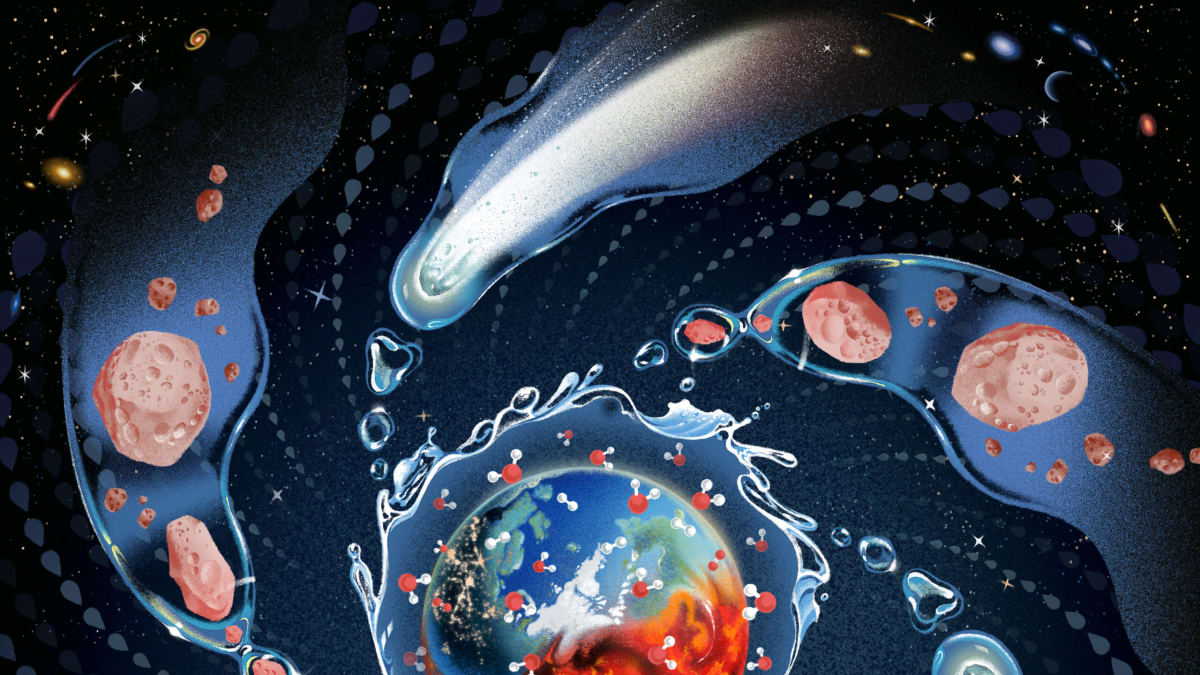 Artist rendering of early Earth covered in molten rock creating water vapor