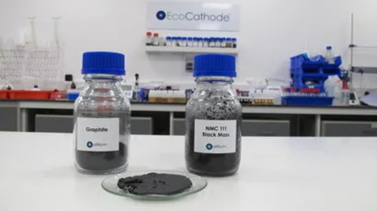 Workers processing electric vehicle batteries in modern UK recycling facility for sustainable energy production