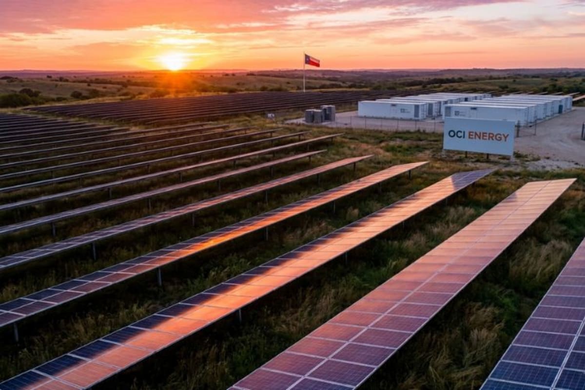 Rows of solar panels beneath bright Texas sky with battery storage facilities in background