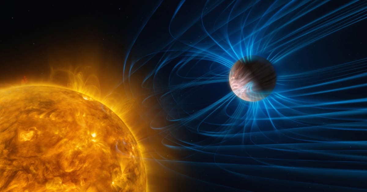 Illustration showing magnetic field activity on a gas giant exoplanet orbiting close to its host star
