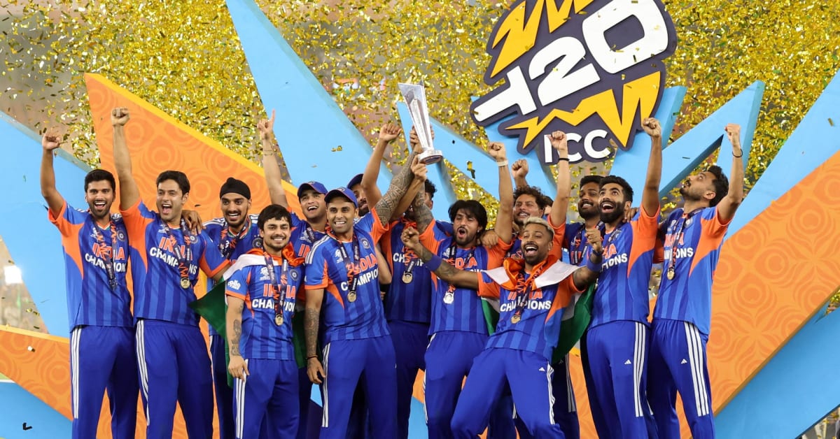 Indian cricket team celebrates with T20 World Cup trophy at packed Ahmedabad stadium