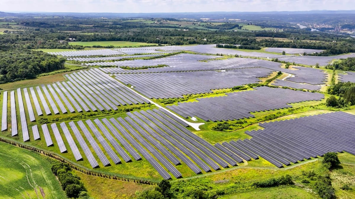 Solar panels gleaming in bright sunlight at modern renewable energy facility