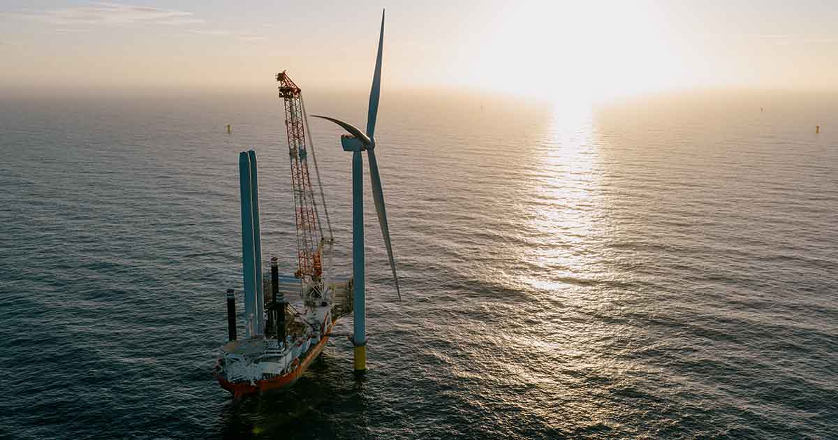 Offshore wind turbine with sustainable steel tower and recyclable blades at Denmark's Thor wind farm