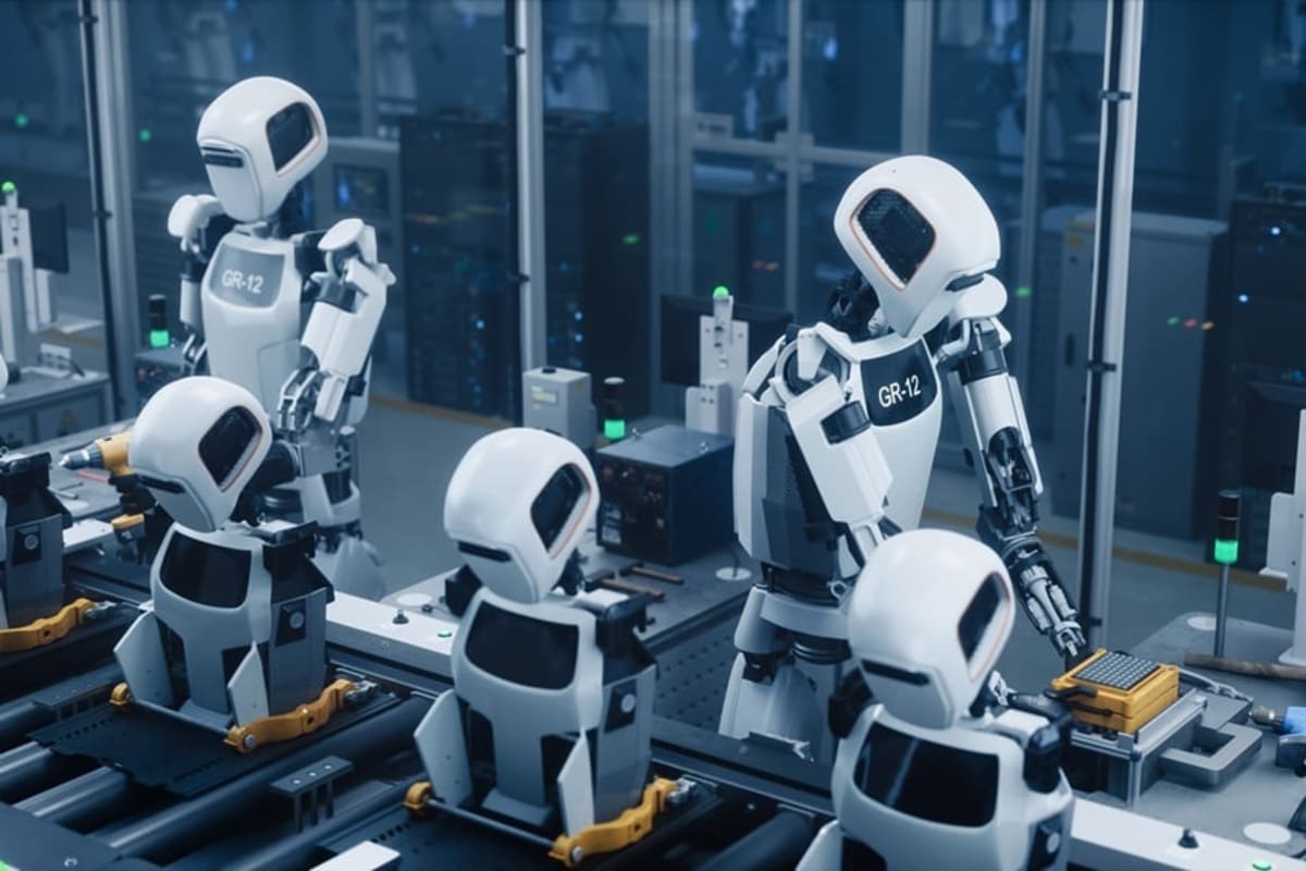 Modern factory worker programming industrial robot on automotive assembly line showing human-machine collaboration
