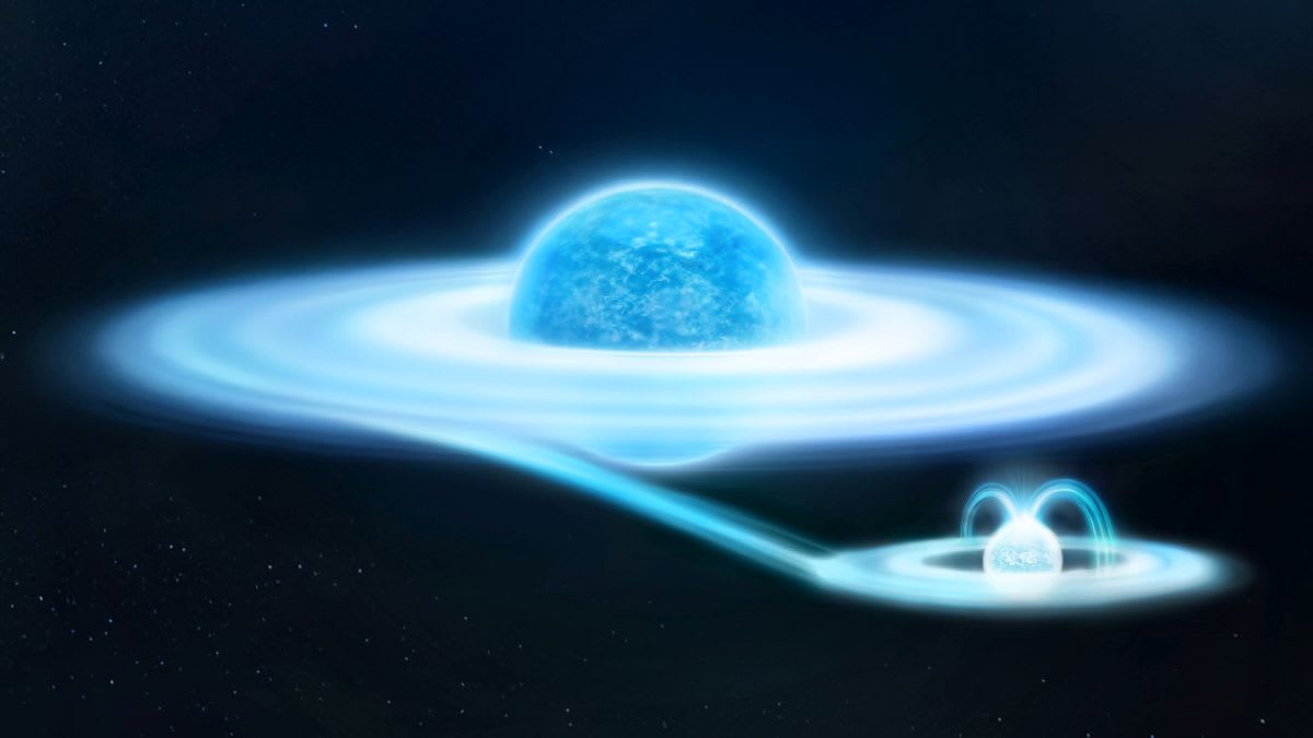 Artist's illustration showing gamma Cassiopeia star system with white dwarf companion pulling glowing material